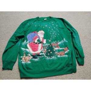 Vintage Holiday Time Sweatshirt Women Large Santa Christmas Animal 90s USA Made